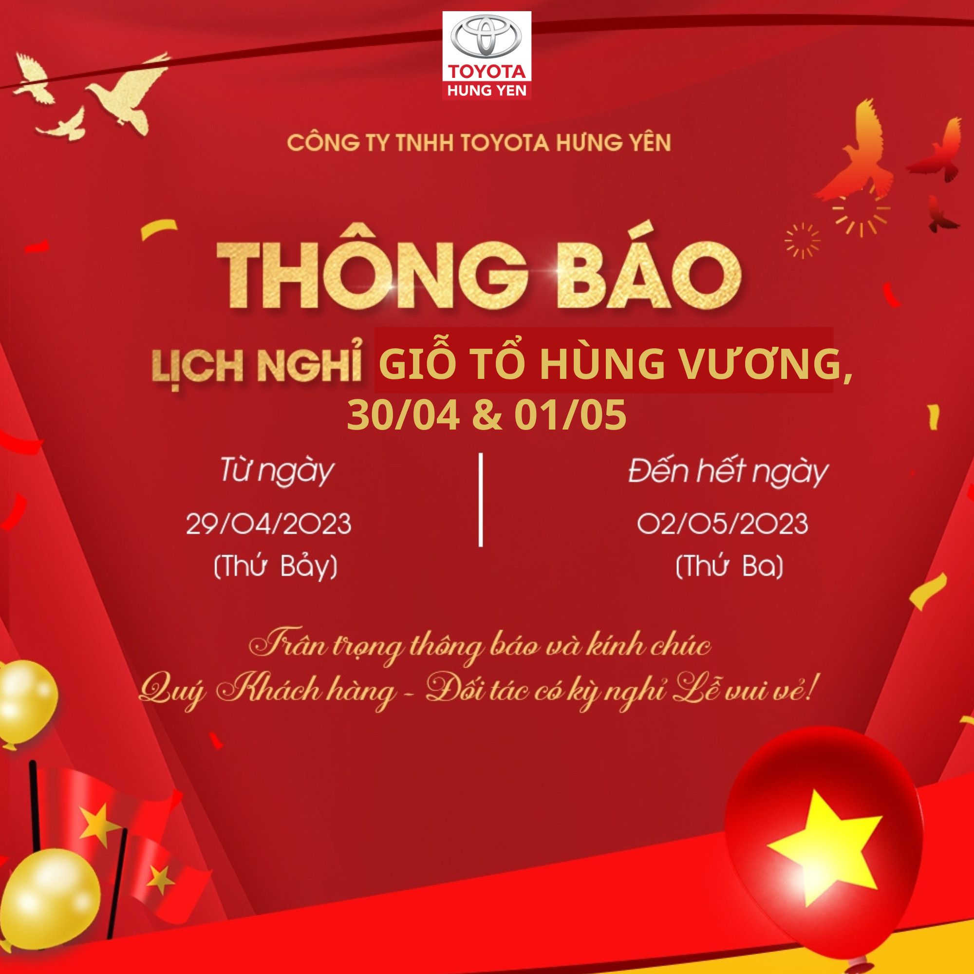 THÔNG BÁO LỊCH NGHỈ LỄ GIỖ TỔ HÙNG VƯƠNG, 30/5 & 1/5