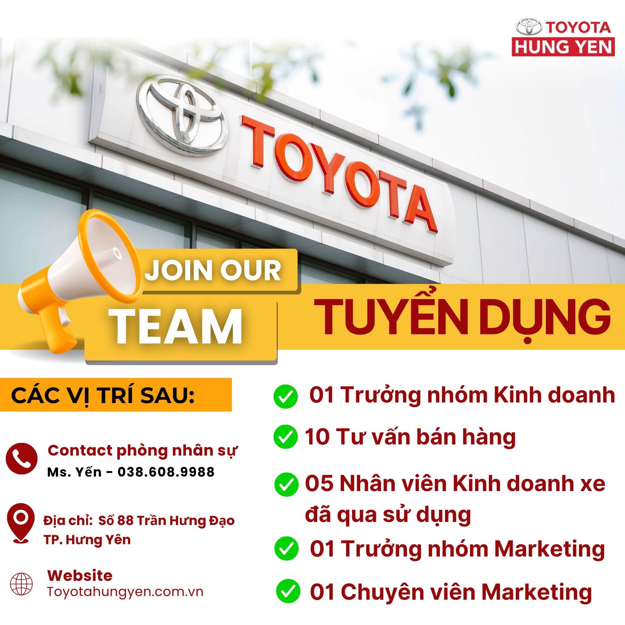 TOYOTA HƯNG YÊN THÔNG BÁO TUYỂN DỤNG
