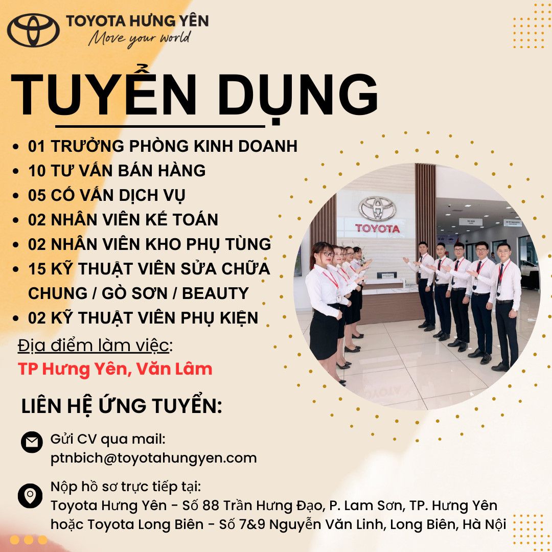 TOYOTA HƯNG YÊN THÔNG BÁO TUYỂN DỤNG NHIỀU VỊ TRÍ