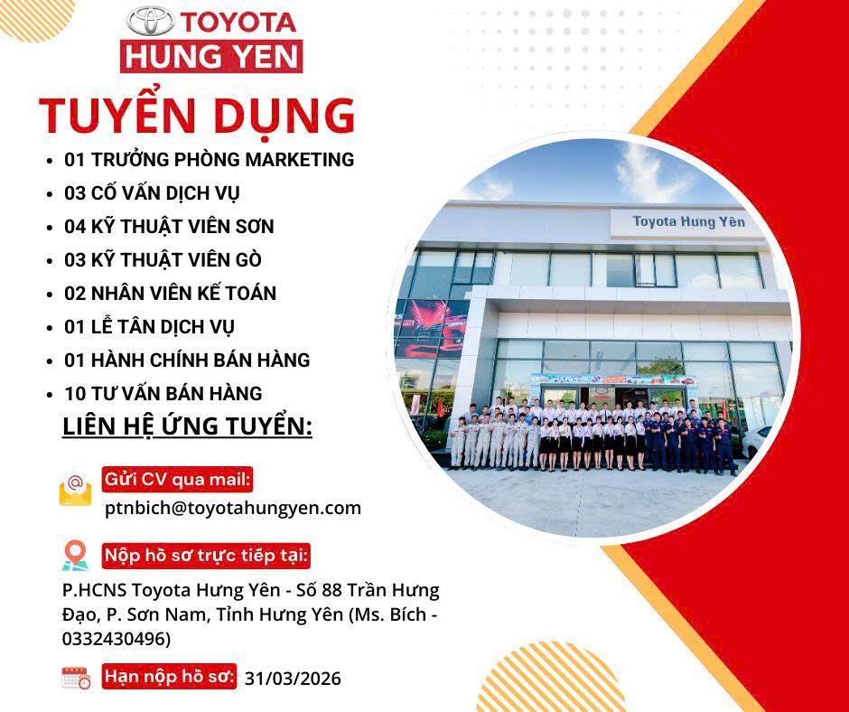 TOYOTA HƯNG YÊN THÔNG BÁO TUYỂN DỤNG NHIỀU VỊ TRÍ
